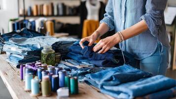 Customizing denim fabric in a busy workshop while organizing materials and preparing for upcoming projects photo