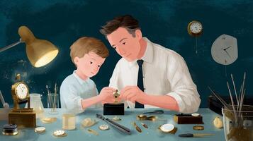Father and son bonding over watchmaking in a cozy workshop during an afternoon photo