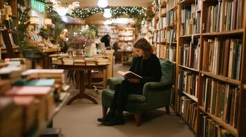 Cozy reading nook in a charming bookstore during winter afternoon with festive decorations and warm ambiance photo