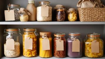 Organized kitchen shelf with various types of stored food items in glass containers and natural materials photo