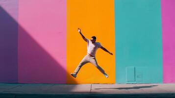 Man jumps joyfully in front of colorful mural in urban setting during sunny day photo