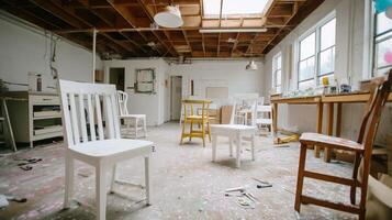 Creative workspace filled with empty chairs and scattered art supplies in a sunlit studio photo