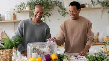 Two men preparing fresh vegetables together in a modern kitchen during a sunny day while smiling and enjoying their cooking experience photo