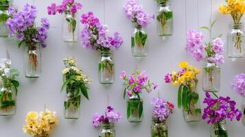 Beautiful flower arrangements in glass jars create a vibrant wall display in a bright indoor space photo