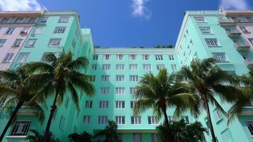 Elegant turquoise building surrounded by palm trees under a clear blue sky in a tropical location photo