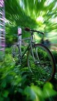 Bicycle surrounded by vibrant green foliage in a dynamic urban park setting during springtime photo