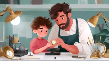 Father and child share moments while learning watchmaking in a cozy workshop during the afternoon photo
