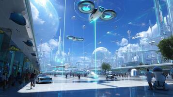 Futuristic cityscape with flying vehicles and advanced architecture during bright daylight in a bustling urban environment photo