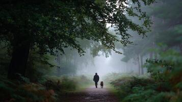 Walking through a misty forest trail with a dog during early morning hours photo