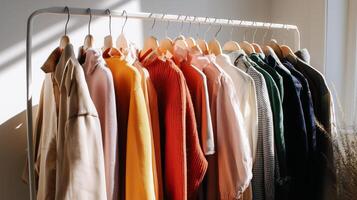 Colorful selection of casual clothing displayed on a rack in a bright, sunlit room photo