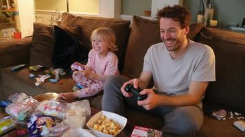 Enjoying a fun gaming evening with popcorn and snacks in a cozy living room setting photo