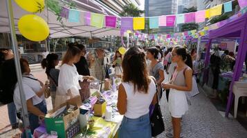 Crowd enjoys vibrant street market with colorful stalls and festive decorations in urban setting during sunny afternoon photo
