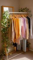 Colorful sweaters displayed on a rack next to a mirror and plants in a cozy indoor space during daytime photo