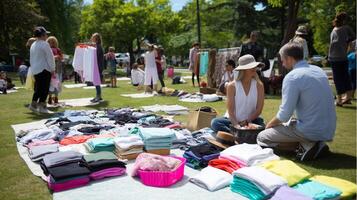 Community members gather for a vibrant clothing swap event in a sunny park setting, sharing and shopping together photo