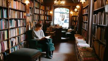 Cozy reading nook in a charming bookstore filled with shelves of books and soft lighting photo