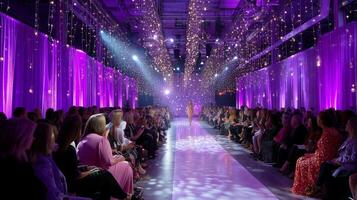 Fashion show featuring stunning designs under vibrant lights with an engaged audience in attendance photo