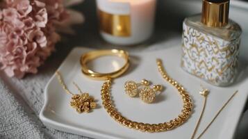 Elegant gold jewelry displayed with a candle and floral arrangement in a cozy setting photo