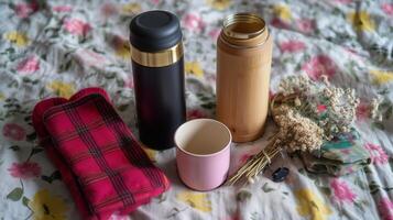 Hot beverages preparation in a cozy setting with thermoses and floral details photo