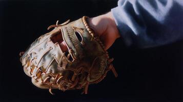 Baseball glove held by player ready for game in evening light at local field photo