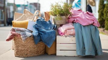 Clothes and accessories displayed for a community sale on a sunny day in a vibrant neighborhood photo