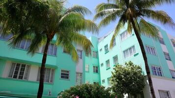 Vivid turquoise buildings and lush palm trees create a tropical atmosphere in a vibrant urban setting during the daytime photo
