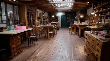Creative workspace with wooden tables and tools in a bright art studio during the day photo