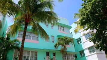 Colorful Art Deco architecture in a tropical setting with palm trees in the bright sunshine photo