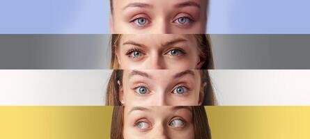 Close-up view of diverse eyes showcasing different eye colors and expressions against a gradient background in an artistic arrangement photo