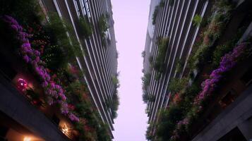Floral balconies create a vibrant atmosphere in a modern urban building courtyard during twilight photo