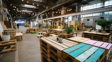Creative workspace features wooden pallets as tables in a large, airy industrial setting with string lights and plants photo
