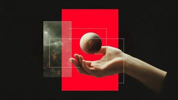Artistic representation of a hand holding a small planet against a colorful abstract background in a creative digital design photo