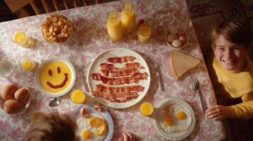Delightful breakfast spread with smiling child at home table during morning hours photo