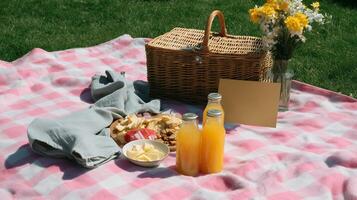 Relaxing picnic on a sunny day with delicious snacks and refreshing drinks in a park setting photo