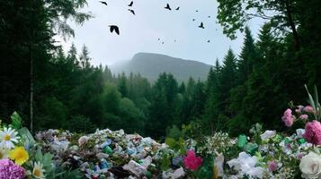 Litter and flora contrast against a forest backdrop with mountains in the distance during overcast weather photo