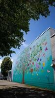 Colorful community mural of a tree adorned with flowers and butterflies under a clear blue sky in an urban setting photo
