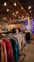 Clothing sale event taking place in a well-lit venue with festive string lights and a variety of garments displayed on racks photo