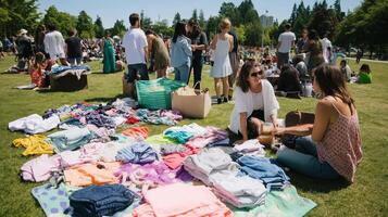 Community clothing swap event at a park in summer with participants exchanging items and enjoying the day photo