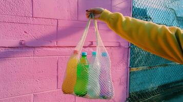 Brightly colored plastic bottles in a mesh bag against a vibrant pink wall in an urban environment during daylight photo