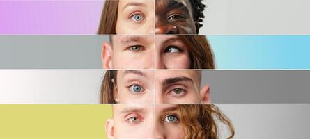 Diverse array of human eyes showcasing a spectrum of colors and features on a neutral background with vibrant gradients photo