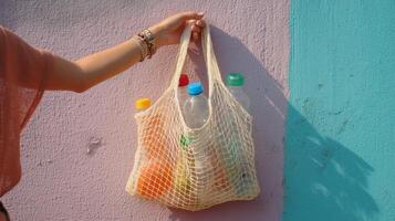 Hand holding a net bag with bottles against a colorful wall in a vibrant urban setting photo