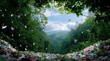 Efforts to restore nature amid a sea of waste in a forest landscape reveals the contrast between pollution and beauty photo