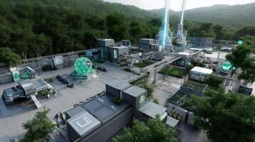 Futuristic technology hub showcasing advanced architecture and green landscaping in a lush mountainous area photo