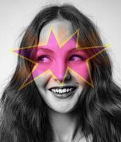 Creative portrait of a young woman with abstract star overlay in a studio setting during the day photo