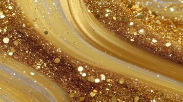 Intricate golden glitter pattern with smooth swirls and shimmering highlights captured in close-up view photo