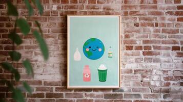 Artwork depicting a smiling Earth surrounded by recycling symbols and bottles in a cozy urban setting photo