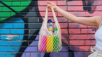 Colorful reusable bottles in a mesh bag against a vibrant graffiti wall in an urban setting photo