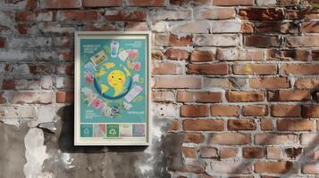 Eco-friendly poster displayed on a brick wall highlights sustainability initiatives in an urban setting photo