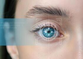 Close-up view of a human eye with digital scanning technology overlay indicating biometric identification process photo