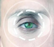 Close-up of an eye with digital scanning technology during biometric identification process photo