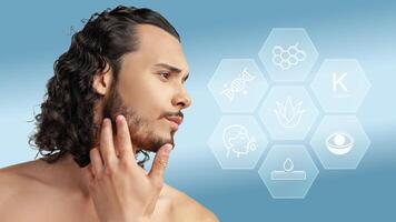 Man exploring skincare benefits while examining natural ingredients for healthy skin in a modern setting photo